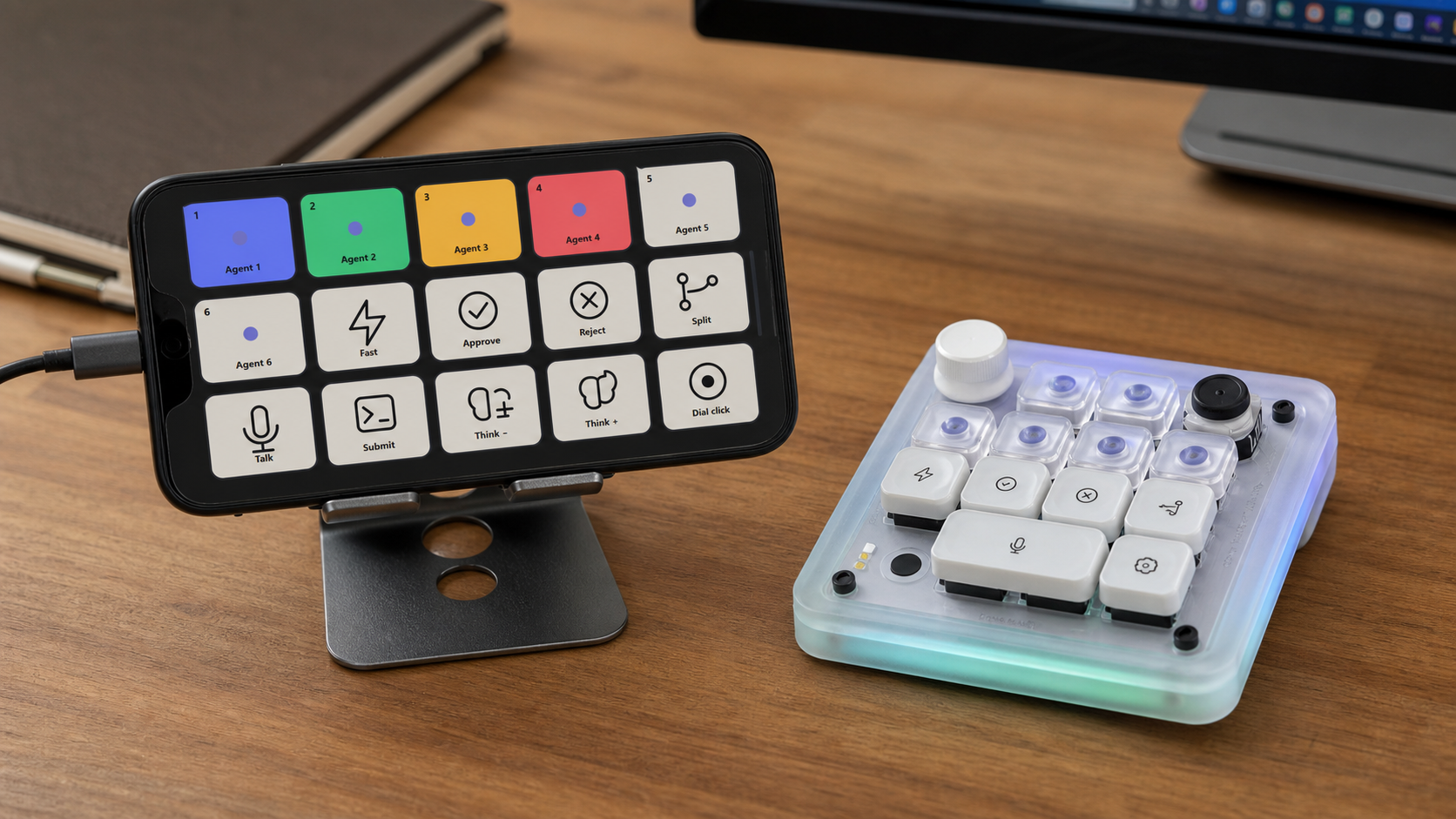 An old phone running Stream Deck Mobile beside a Work Louder Codex Micro